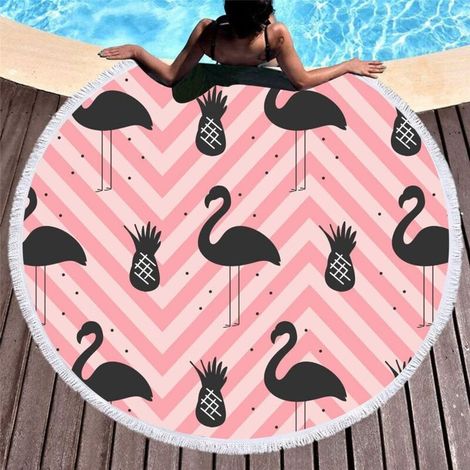 Niedliches rundes Strandtuch mit Flamingo-Print, großes rundes Strandtuch mit Quasten, Badematte aus dickem Stoff (1/4)