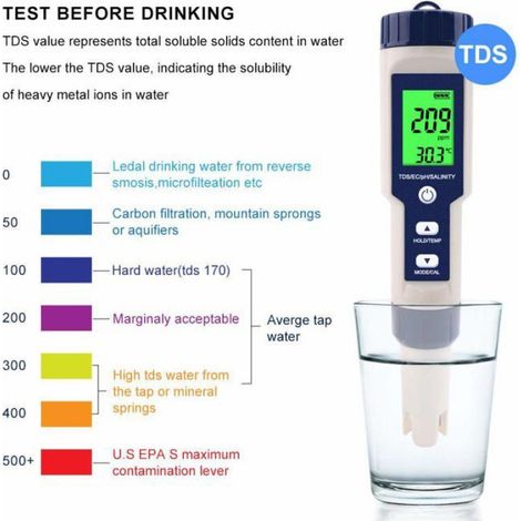 Analyseur De Qualite De Leau - Ph Tds Ec Salinite Temperature - Portable Pour Aquarium Piscine Aquaculture Laboratoire - 1 Unite (1/5)