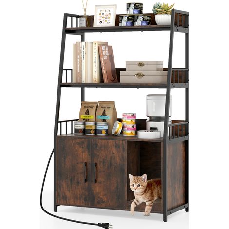 Costway – Meuble litière chat avec 3 étagères de rangement – Griffoir intégré – 3 trous d'aération – Station de charge – 80 x 40 x 132 cm – Brun industriel (1/5)