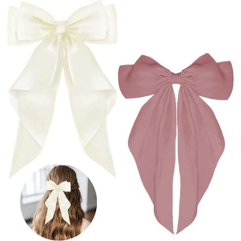 2 Pinces à cheveux, Arc en satin soyeux, Barrette métal grande taille, Queue longue, Filles Femmes (1/5)