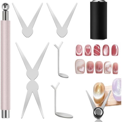 Kit de 8 aimants French Cat Eye, kit de nail art 3 en 1 avec ciseaux et aimants cylindriques pour créer des perles de verre et des motifs œil de chat larges et incurvés avec vernis gel (1/5)