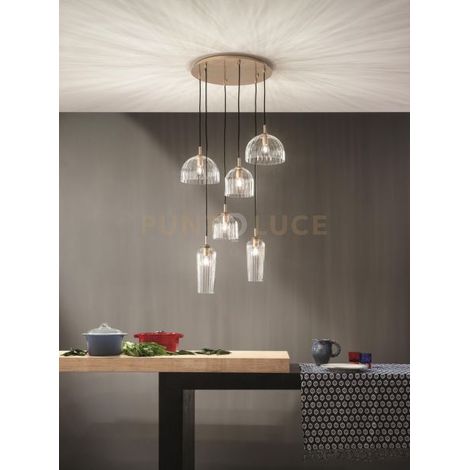 SOSPENSIONE PUCK BASE ORO VETRI TRASPARENTI 6 LUCI ATTACCO E14 D.60CM