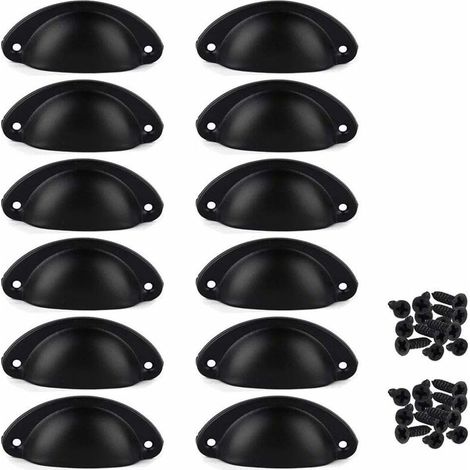 Lot de 12 poignées en fer forgé pour portes, placards, tiroirs et meubles, avec vis (noires) (1/5)