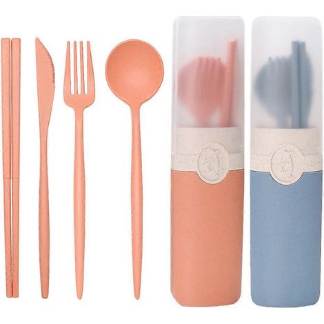Couverts en paille de blé, ensemble de 2 couverts portables réutilisables (cuillère, fourchette, baguettes) pour pique-niques et usage quotidien - Bleu + Orange (1/5)
