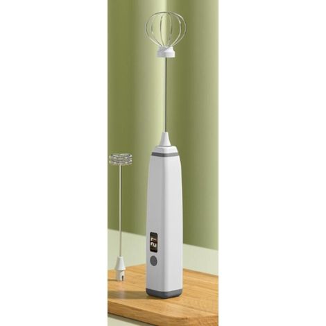 Mousseur à lait rechargeable, idéal pour préparer des boissons et battre des œufs — Blanc — Livré avec deux têtes de mélange — Écran numérique (1/5)