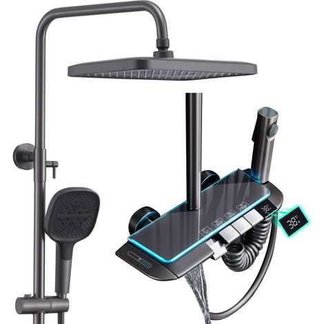 Colonna Doccia Termostatico con Luce Ambientale a LED, Sistema Doccia Soffione Colonna 4 Funzioni con 34.9x22CM Soffione, Doccia a Mano, Colonna Doccia a Parete Regolabile Altezza, Grigio Pistola (1/5)