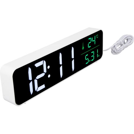 Réveil musique LED luminosité 5 niveaux réglable affichage grand 12/24h température date horloge numérique branchement secteur blanc (1/5)