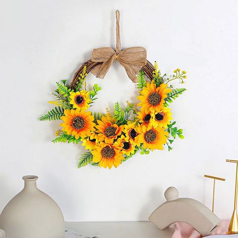 Couronne Artificielle Tournesol - 30 x 30 x 7 cm - Pour Porte d'Entrée Mur Intérieur Extérieur Mariage Décoration Printemps Été - 1 Pièce (1/5)
