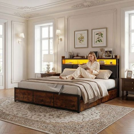 Cama 160x200 con almacenamiento - POCKETPOP - 4 cajones - Iluminación LED - Cabecera y somier de lamas