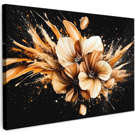 TABLEAU SUR TOILE Fleurs - Or - Graffiti - Noir - Abstrait Décoration Chambre 30x20 cm