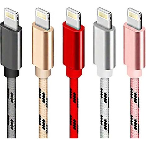 5 câbles tressés USB, câbles de données iPhone avec têtes métalliques, 2m，couleurs aléatoires
