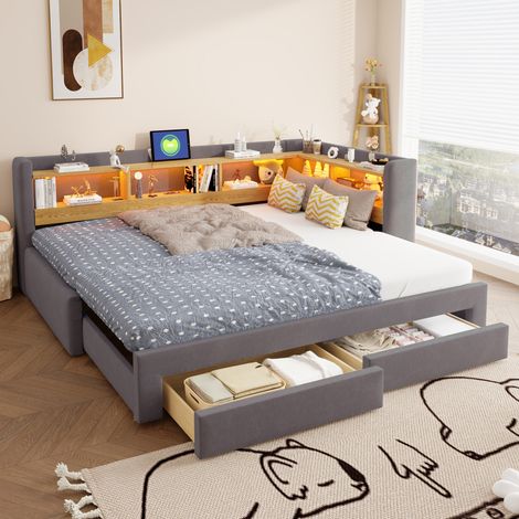 Canapé-lit 90x200 cm avec lit d'appoint gigogne, banquette-lit 3 en 1 avec tiroirs, lit d'angle avec éclairage LED et prise électrique – extensible en lit double 180x200 cm pour chambres et chambres d (1/5)