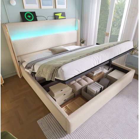 Letto moderno idraulico 140x200 cm in tessuto effetto lino beige, testiera alta con LED, USB/Type-C e vano contenitore