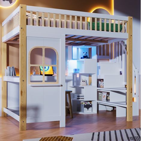 Letto a soppalco in legno di pino bianco e naturale 140x200 cm con scrivania, scala contenitore e luci LED (1/5)