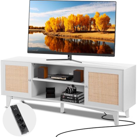 Meuble TV en Rotin pour Téléviseur 75" Banc TV avec Prise Intégrée Blanc (1/5)