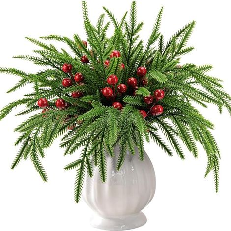 Branches de pin artificielles vertes de Noël, 35 aiguilles, 35 cm, 10 baies rouges, 22,6 cm, décoration d'intérieur DIY (1/5)