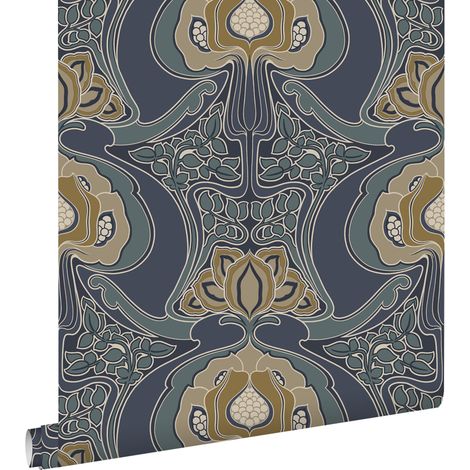 papier peint fleurs vintage de style art nouveau bleu gris - ESTAhome (1/5)