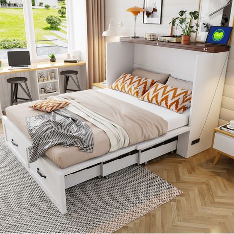 Letto matrimoniale pieghevole 140x200 cm con contenitore, spina europea, struttura in metallo e legno, bianco, ideale per monolocale. (1/5)