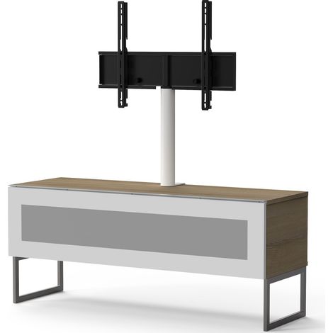 Les Tendances – Meuble TV en bois mélaminé clair 120 cm – Support écran rotatif 24° – Porte en verre infrarouge blanc – Charge max 35 kg (1/2)
