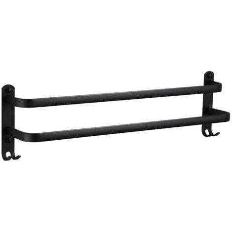 Porte-Serviettes Mural en Aluminium 2 Niveaux avec Crochets, Noir Étanche pour Salle de Bain et Cuisine, 30 cm