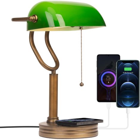 JCPYIUL grünes Glas Banker Tischleuchte, klassische Tischleuchte, Retro Tischleuchte mit drahtlosem USB-Ladegerät, Bettkopfleuchte mit Ladefunktion, antike Metall Messing Reißverschluss Schalter(Ohne (1/5)