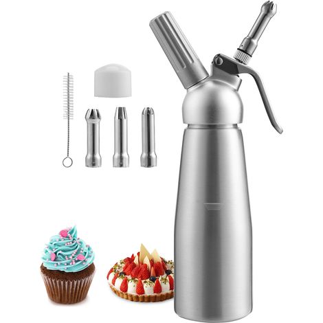 Wolketon Sahnespender, 500ml Sahnekapsel mit robustem Aluminiumgehäuse und -kopf, auslaufsicher, Sahnemaschine mit 3 Sets Dekorationsdüsen, auslaufsicher
