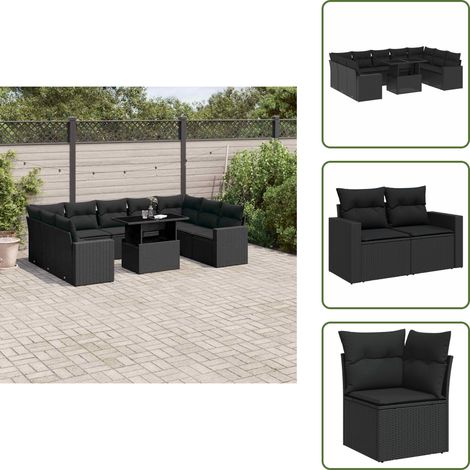 The Living Store 10-tlg. Garten-Sofagarnitur mit Kissen Schwarz Poly Rattan - Gartenmöbel Set - PE-Rattan Möbel - Outdoor Lounge - Gartenecke - Terrassenmöbel (1/5)