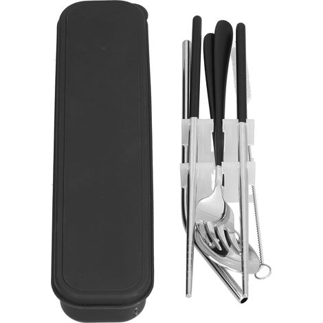 Ensemble de couverts en acier inoxydable 304 portable - fourchette, cuillère, baguettes et paille pour activités extérieures (boîte de rangement noire)