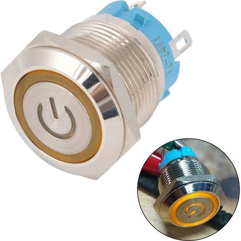 Lot de 2 interrupteurs à bouton-poussoir 4 broches, tête plate ronde de 19 mm, boîtier en acier inoxydable avec voyant lumineux, IP65, 12-24 V CC, jaune (1/5)