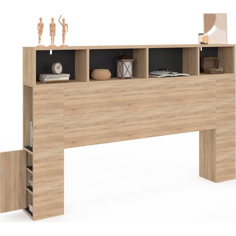 Idmarket – Tête de lit 165 cm avec rangements fermés – Niches hêtre et noir – Adaptable aux lits 160 cm – Installation facile au sol ou mur