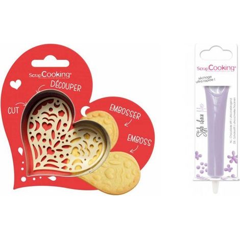 Kit pour biscuit en relief Coeur + Stylo au chocolat lilas