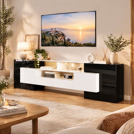 JOOKGBD-Meuble TV Moderne, Bicolore Noir et Blanc Brillant, Surface en Verre, Eclairage LED Multicolore, 4 Portes et 2 Tiroirs, Grand Rangement, Structure en Panneau de Particules et MDF pour Salon (1/5)
