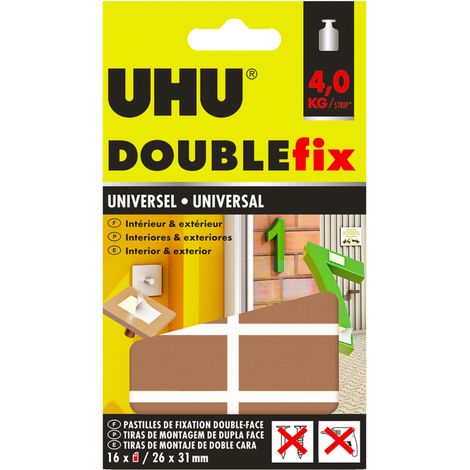 Bande auto-agrippante ultra forte – Résistance 4 Kg – 16 pastilles blanches pour surfaces lisses et légèrement rugueuses – UHU
