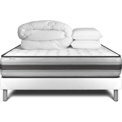 Komplettpaket Bett - Matratze 180x200 cm + Boxspringbett mit Lattenrost (im Set) + 2 Kopfkissen + Bettdecke - Vitalpower Recover