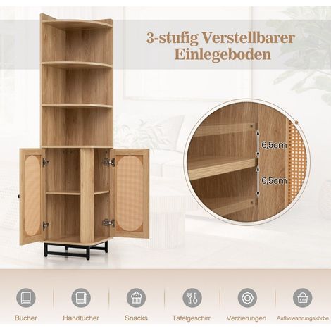Corner bookcase made of PE rattan 172 cm tall cabinet with 2 doors & 4 open shelves natural (1/5)