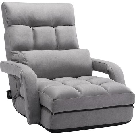 VEVOR Chaise de sol pliante, fauteuil de sol a 5 positions reglables et support dorsal, chaise de canape avec accoudoirs pour adultes, canape-lit avec coussin de dossier pour salon et chambre, gris (1/5)