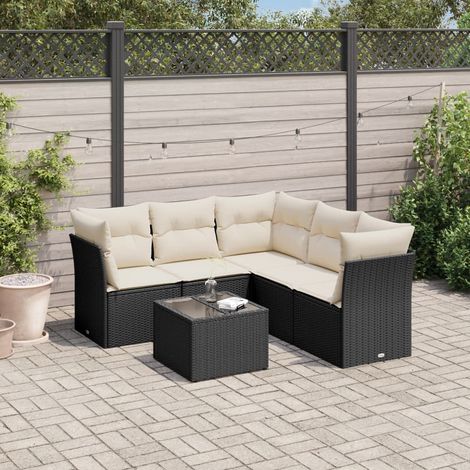 6-tlg. Garten-Sofagarnitur mit Kissen Schwarz Poly Rattan (1/3)
