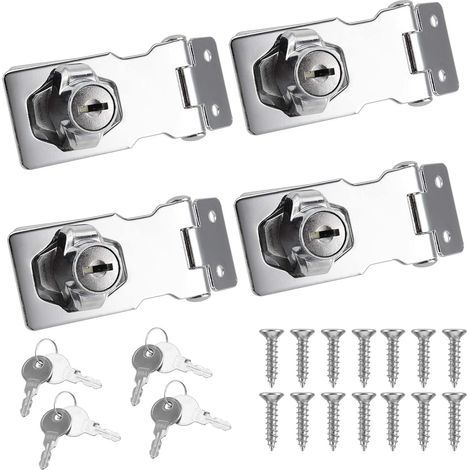 Lot de 4 verrous à clé de 6,3 cm et agrafes, cadenas pour abri de jardin, serrure de porte à bouton rotatif, loquet de verrouillage en métal robuste pour placard, portes, fenêtres (1/5)