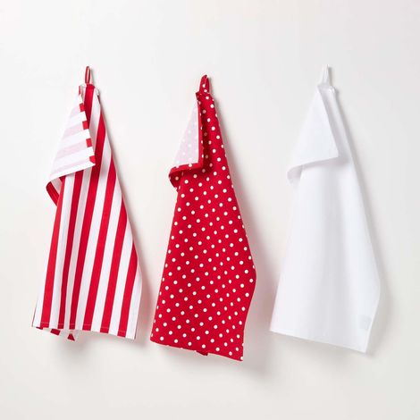 HOMESCAPES Red Polka Dot Cotton Tea Towels Set Of Three