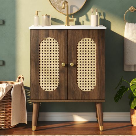 Badezimmermöbel mit Waschbecken 61 cm, aus MDF und Keramik, Walnussfarben OKMYHOME (1/5)