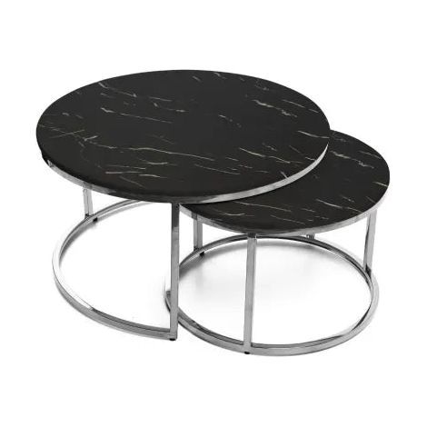 Lot de 2 tables Basses Gigogne ARTO inox et plateau en verre MARBRE NOIR (1/2)