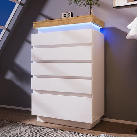 Cómoda de 6 cajones, cómoda blanca con iluminación LED, para salón y dormitorio, 115 x 73 x 39 cm (1/5)