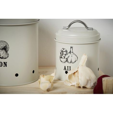 Boîte de Rangement pour ail - Volume 1 Litre Ø 11 cm H 18 cm - Boîte de Rangement de Cuisine Coloris Beige Décor Ail (1/2)