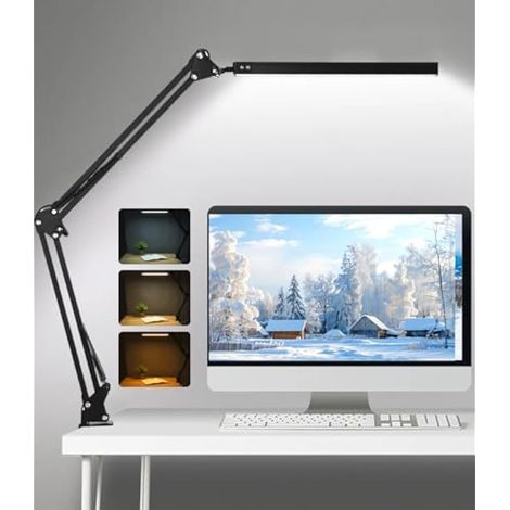 Lampe de bureau LED à pince, 3 modes × 10 niveaux de luminosité, bras orientable 360°, protection des yeux, pour maison/bureau (1/4)
