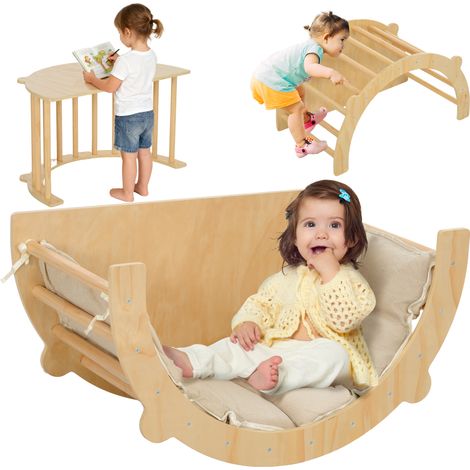 3-in-1 Kletterbogen, Schaukelstuhl und Spieltisch mit Kissen, aus Naturholz, für Kinder von 18 bis 48 Monaten