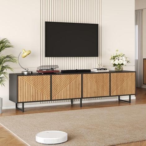 Meuble TV 180x40x50 cm - 4 portes - Pour TV jusqu'à 80 pouces - Pieds en métal - Naturel + noir