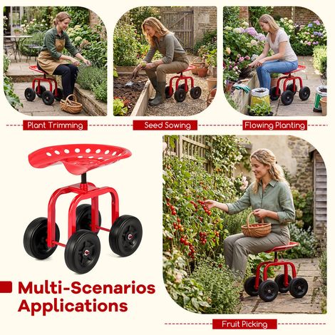 Tabouret de jardin roulant rouge en métal avec siège pivotant 360 et hauteur réglable, 4 roues pour jardin, potager et serre (1/5)