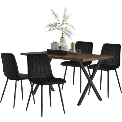 Esstisch 140x80cm mit 4 Stühlen, Holzoptik Tisch, schwarze Samtstühle (1/5)