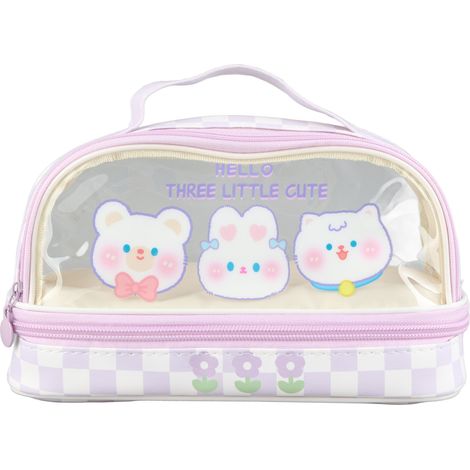 Trousse crayon étanche violette lapin HELLO, sac transparent mignon cartonné avec fermeture éclair, pour école, étudiants, maquillage, voyage. (1/5)