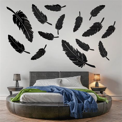 Lot de 15 autocollants muraux effet miroir 3D en acrylique Grandes feuilles Pour chambre à coucher salon Noir (1/4)